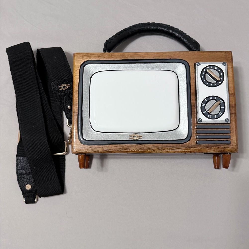 Zarah Juan Retro‎ TV Wood Box Bag Brown Vintage Television Crossbody Handbag